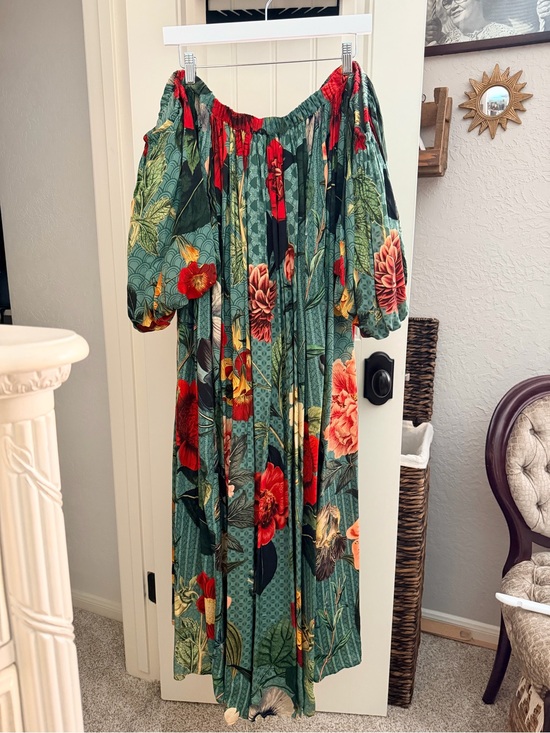 Siddhartha Bansal Dresses & Skirts - Anthropologie Green Floral Strapless Maxi Dress with Puff Sleeves